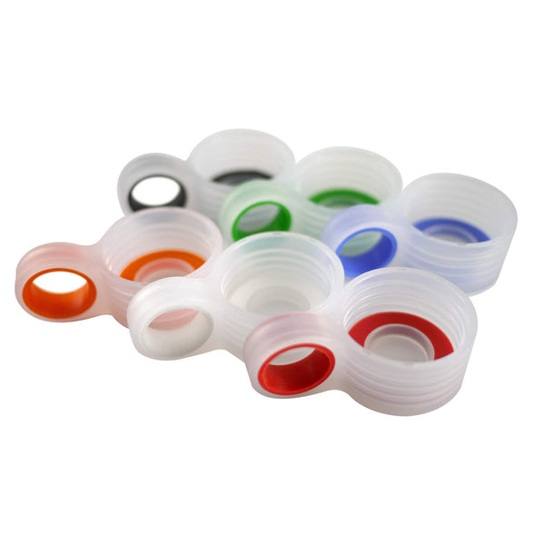 Multicolor replacement loop caps for glass juicing bottles