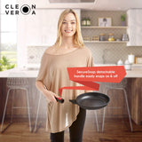 Woman using frying pan skillet with detachable handle
