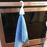 Dish cloth holder with hook on oven handle