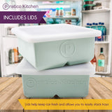 Large ice tray includes lids for easy tray stacking