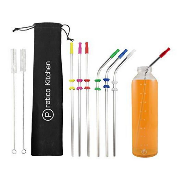 6 pack stainless steel straw and curved set